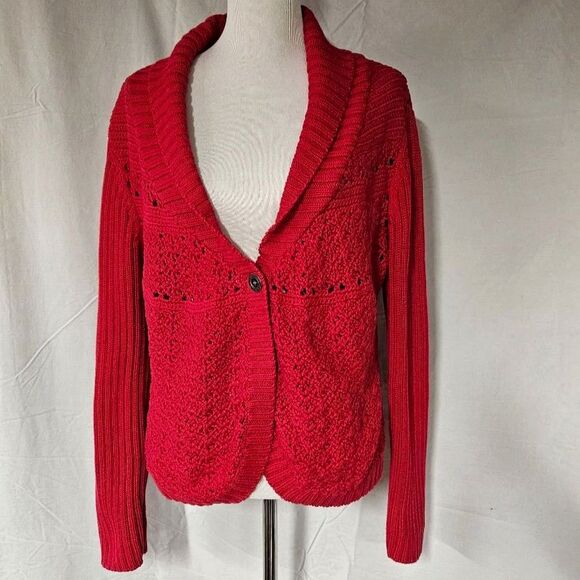 Chico's Deep Red Knit & Crochet Button Front Heavyweight Deep V- Neck Sweater - Picture 1 of 11